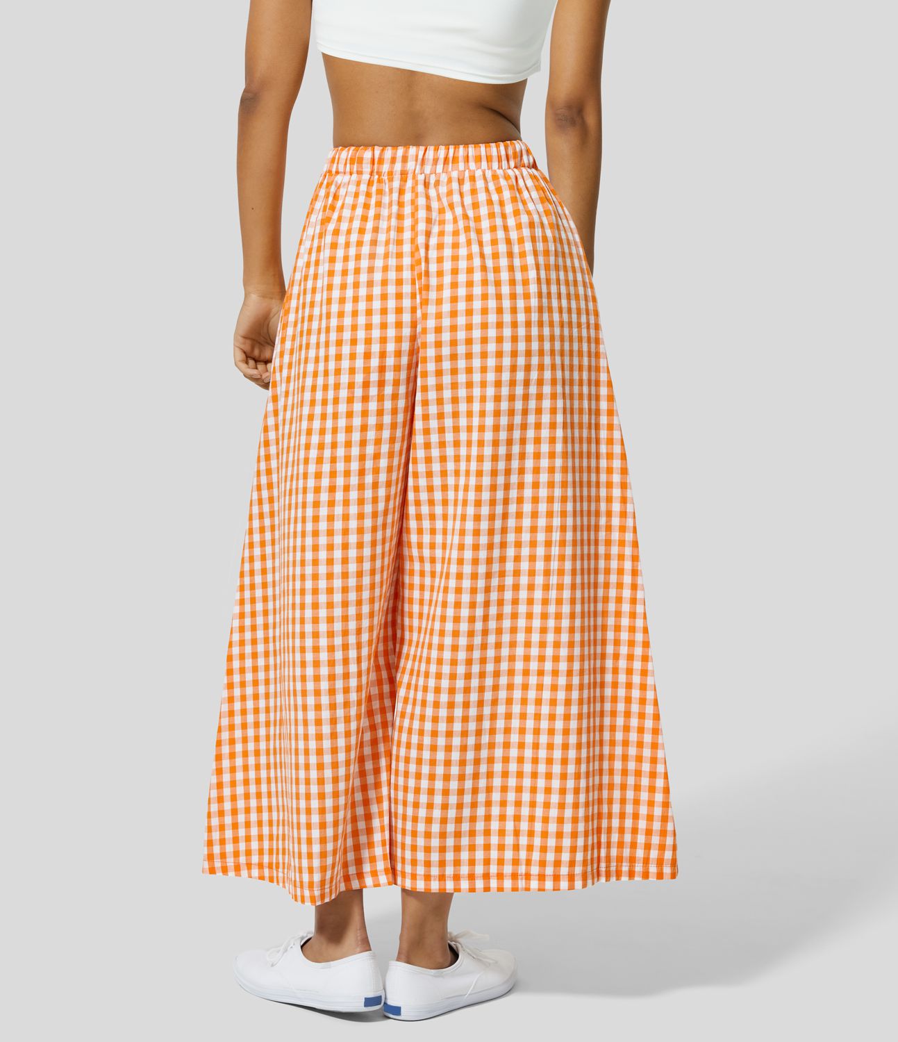 High Waisted Drawstring Side Pocket Gingham Wide Leg Casual Cotton Pants High Waisted Drawstring Side Pocket Gingham Wide Leg Casual Cotton Pants