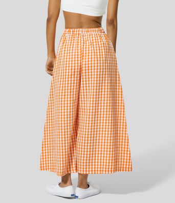 High Waisted Drawstring Side Pocket Gingham Wide Leg Casual Cotton Pants High Waisted Drawstring Side Pocket Gingham Wide Leg Casual Cotton Pants