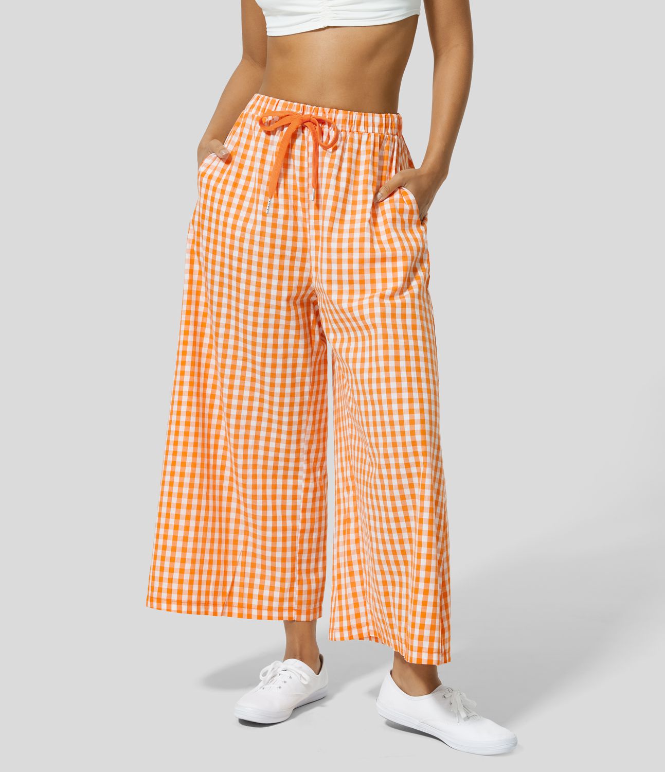 High Waisted Drawstring Side Pocket Gingham Wide Leg Casual Cotton Pants High Waisted Drawstring Side Pocket Gingham Wide Leg Casual Cotton Pants