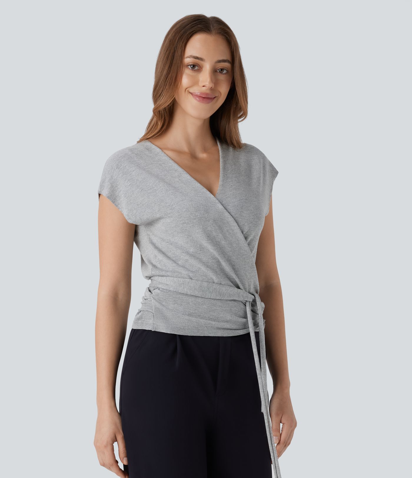 V Neck Crossover Short Sleeve Belted Work Jumper