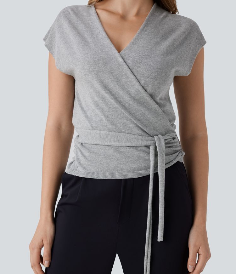 V Neck Crossover Short Sleeve Belted Work Jumper