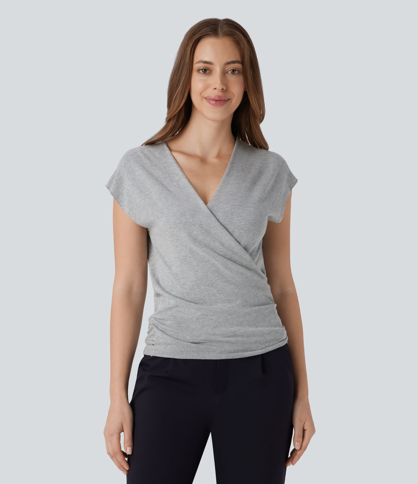 V Neck Crossover Short Sleeve Belted Work Jumper