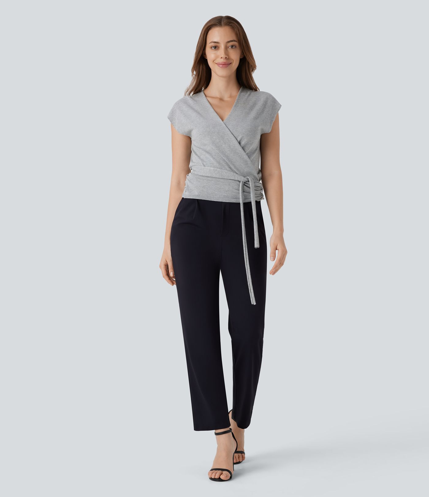 V Neck Crossover Short Sleeve Belted Work Jumper