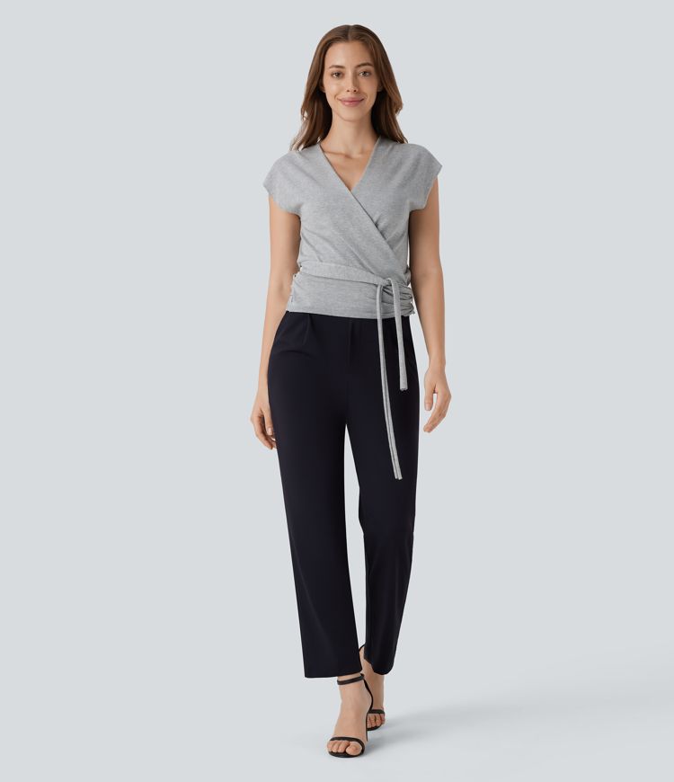 V Neck Crossover Short Sleeve Belted Work Jumper