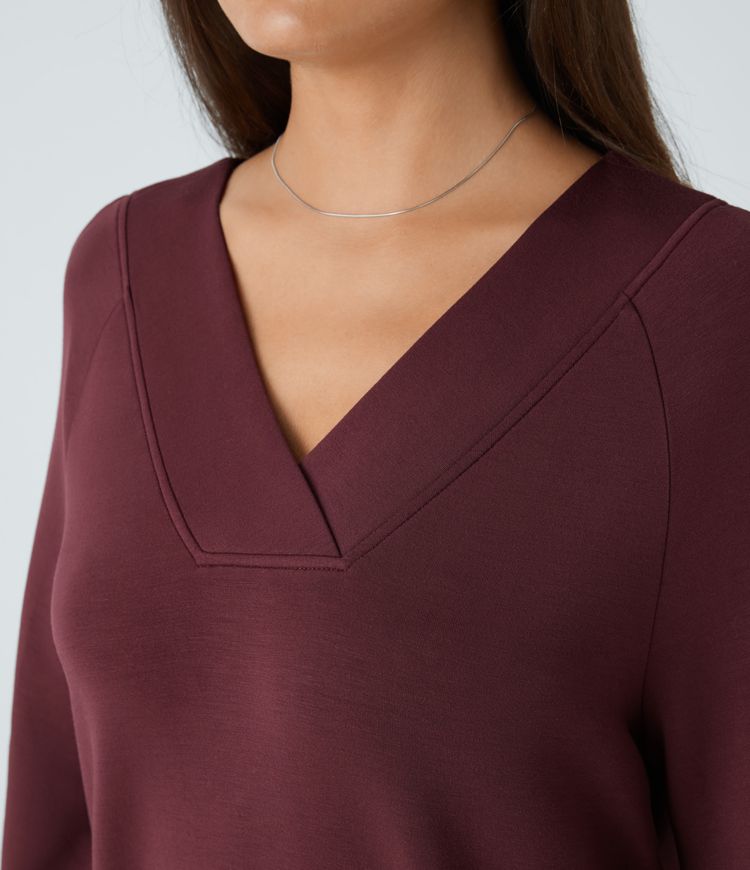 V-neck raglan bishop long-sleeved relaxed mini casual sweatshirt dress