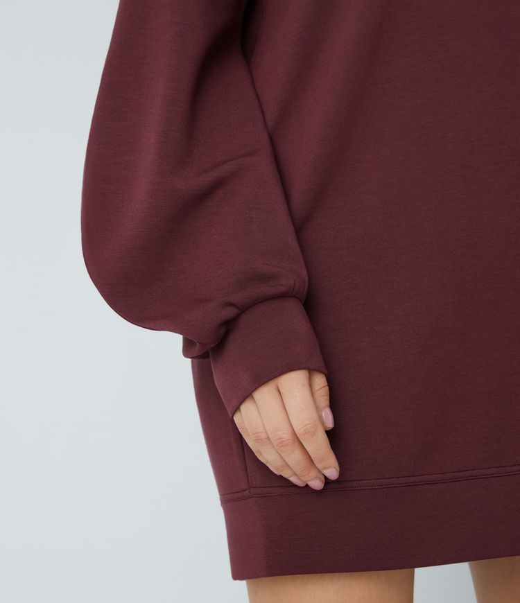 V-neck raglan bishop long-sleeved relaxed mini casual sweatshirt dress