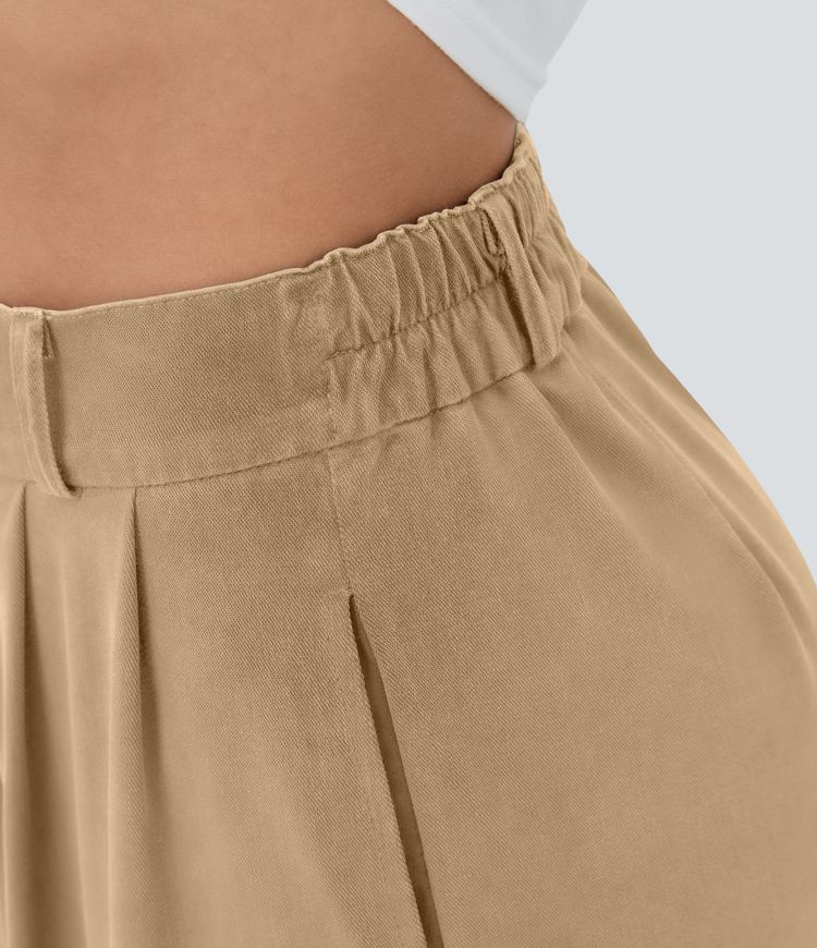 Pantalón ancho tiro alto plisado bolsillo lateral dobladillo dividido cremallera botón