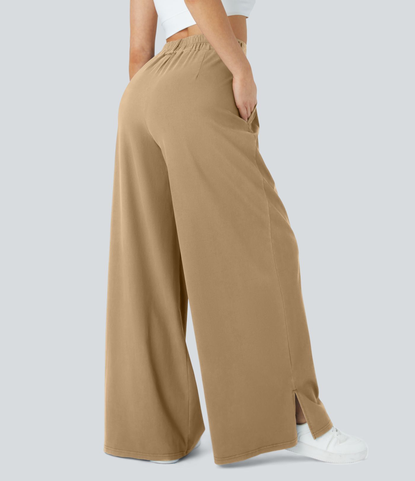 Pantalón ancho tiro alto plisado bolsillo lateral dobladillo dividido cremallera botón