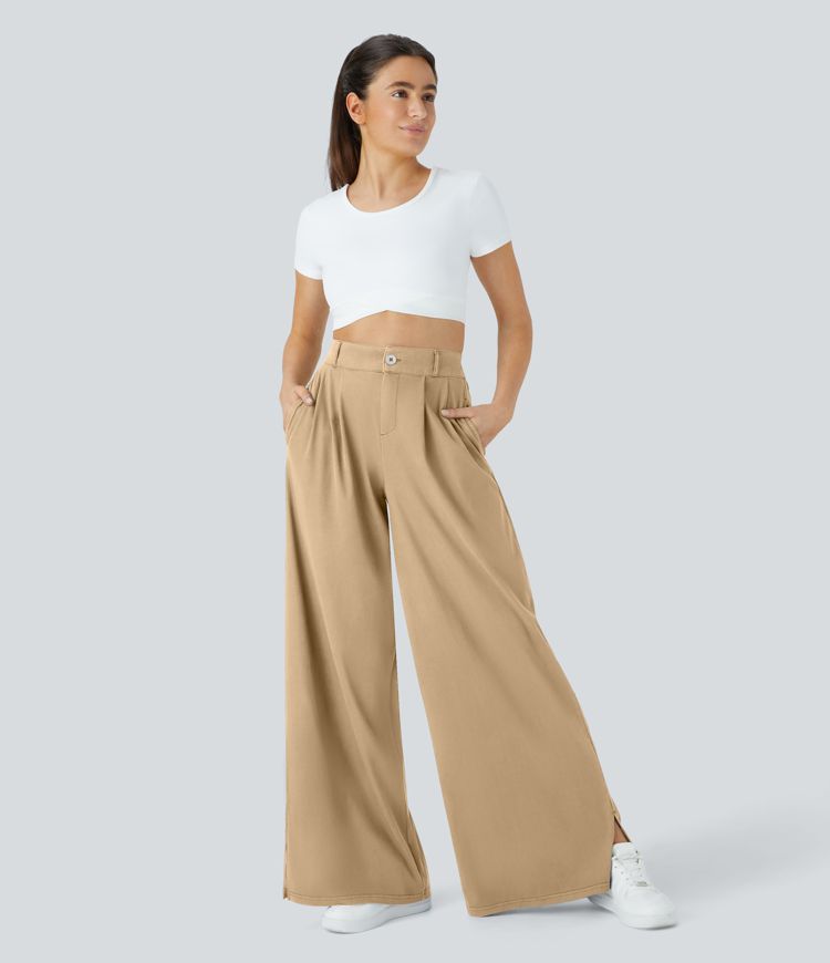 Pantalón ancho tiro alto plisado bolsillo lateral dobladillo dividido cremallera botón