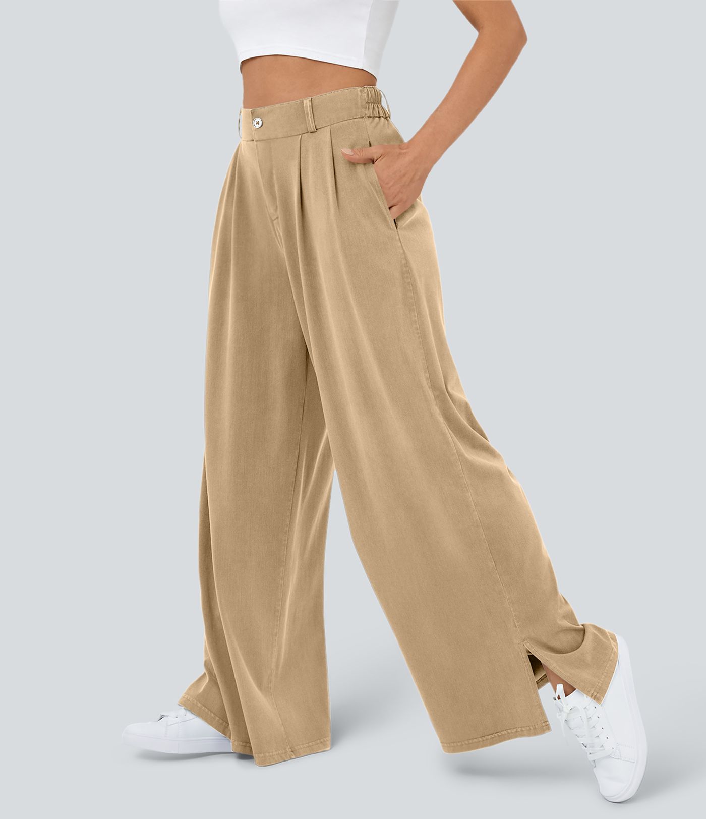 Pantalón ancho tiro alto plisado bolsillo lateral dobladillo dividido cremallera botón