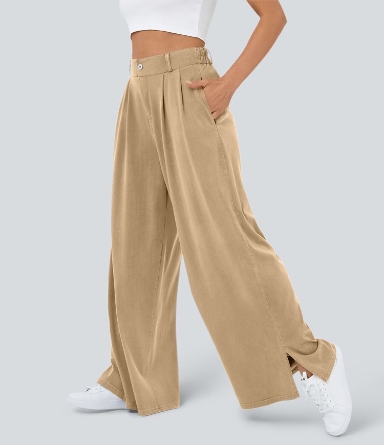 Pantalón ancho tiro alto plisado bolsillo lateral dobladillo dividido cremallera botón