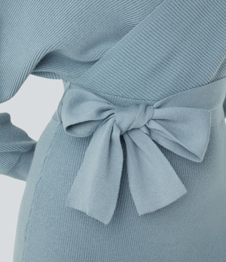 Crossover V Neck  Batwing Long Sleeve Belted Mini Casual Jumper Dress