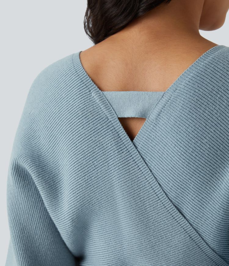 Crossover V Neck  Batwing Long Sleeve Belted Mini Casual Jumper Dress