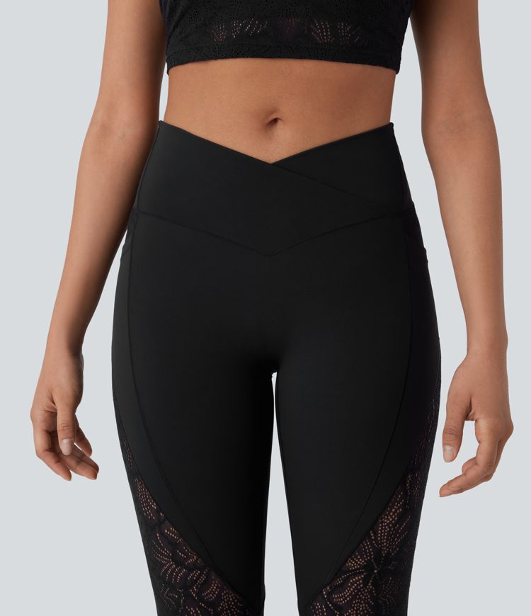 SoftlyZero™ High Waisted Crossover Pocket Contrast Lace 7/8 Yoga Leggings-UPF50+