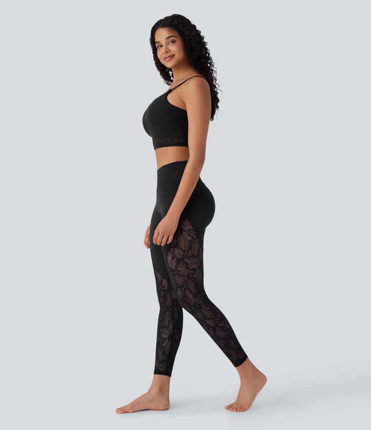 SoftlyZero™ High Waisted Crossover Pocket Contrast Lace 7/8 Yoga Leggings-UPF50+