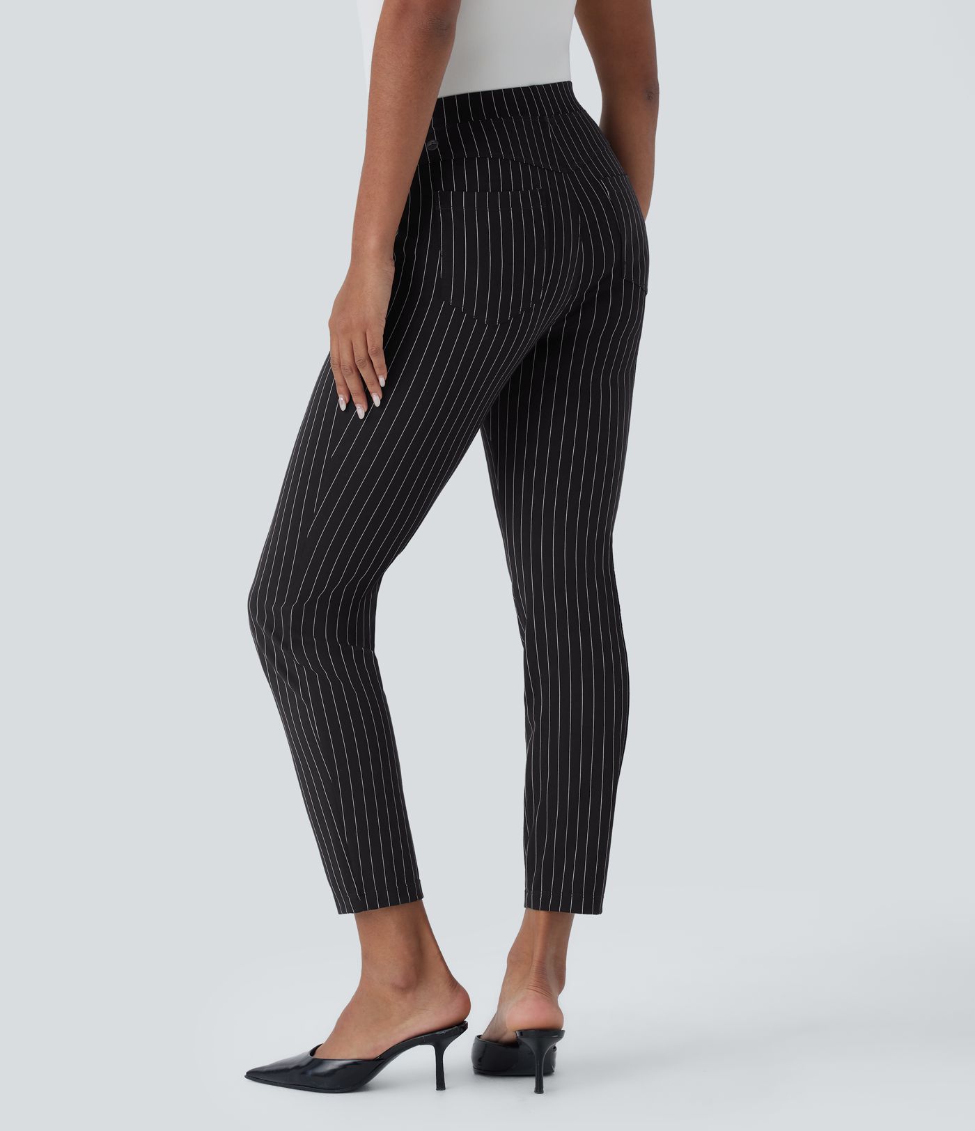 Pantalones de trabajo delgados a rayas con bolsillos de cintura alta y toque fresco