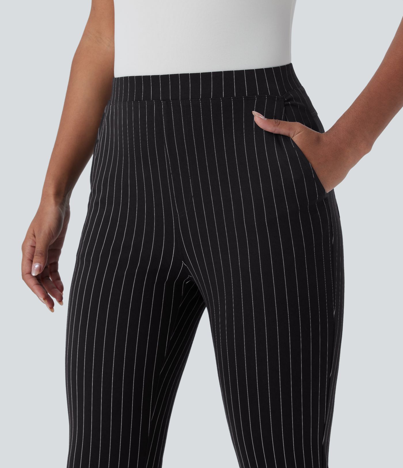 Pantalones de trabajo delgados a rayas con bolsillos de cintura alta y toque fresco