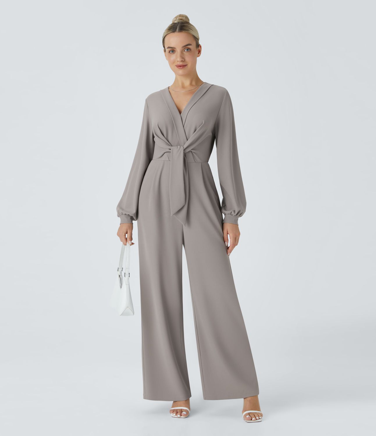 V-Ausschnitt Snap Bindung Tasche Weites Bein Mikro Waffel Arbeits-Jumpsuit