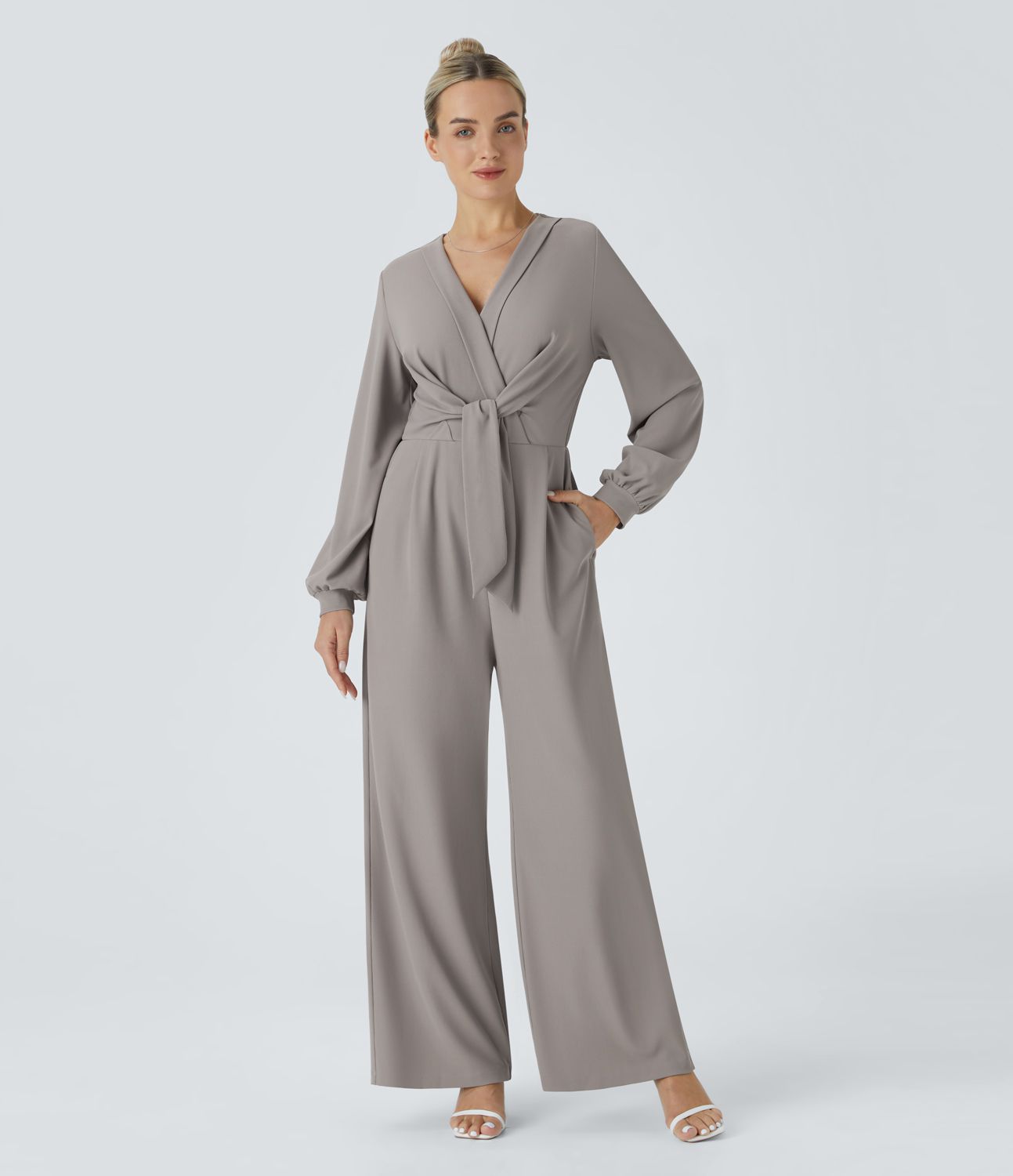 V-neck snap front tie side pocket wide micro waffle walk look jumpsuit