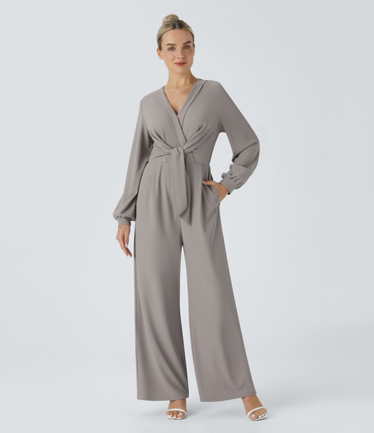 V-neck snap front tie side pocket wide micro waffle walk look jumpsuit