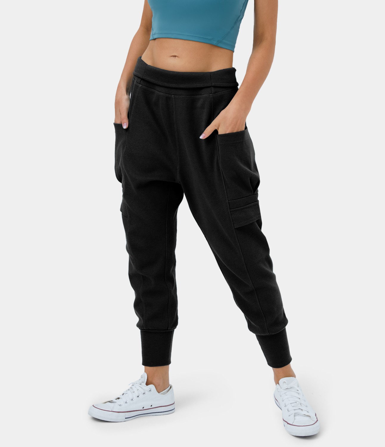 Jogging Cargo Gaufré Poche Latérale Repliée Taille Mi-Haute 