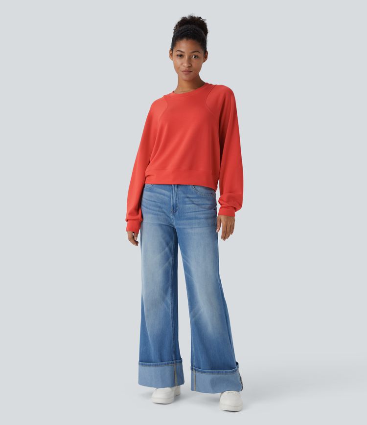 Sweatshirt Casual Solide à Manches Raglan et Col Rond