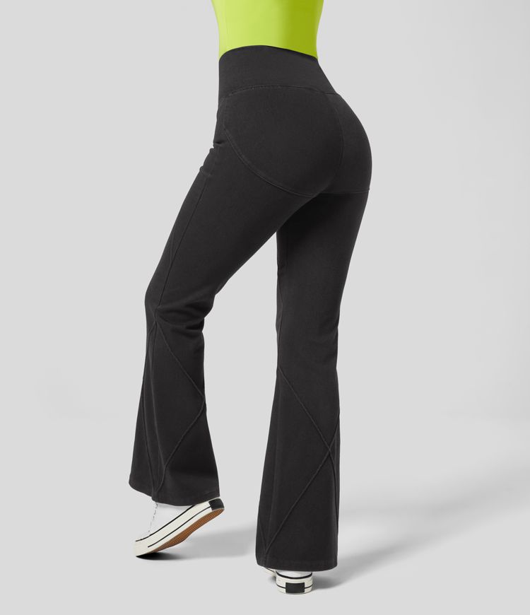 Jeans Halara Flex™ Denim mezclilla elástica lavada acampanado costuras superiores botón tiro alto