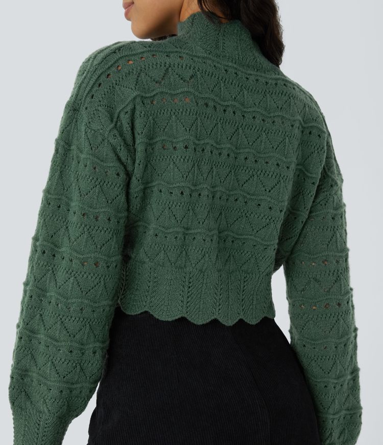 Mock Neck Bishop Sleeve Scallop Hem Open Knit Casual Sweater