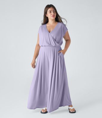 V Neck Short Sleeve Side Pocket Wide Leg Flowy Waffle Casual Plus Size Jumpsuit