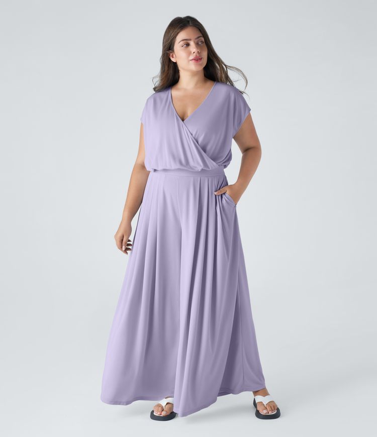 V Neck Short Sleeve Side Pocket Wide Leg Flowy Waffle Casual Plus Size Jumpsuit