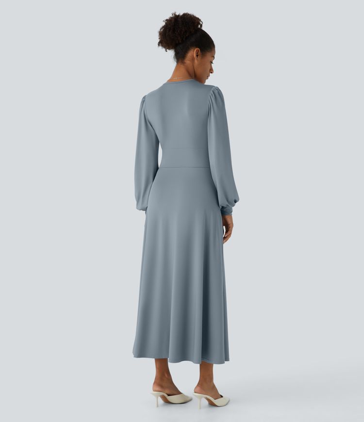 Robe mi-longue décontractée à col V, manches longues bouffantes et boutons décoratifs