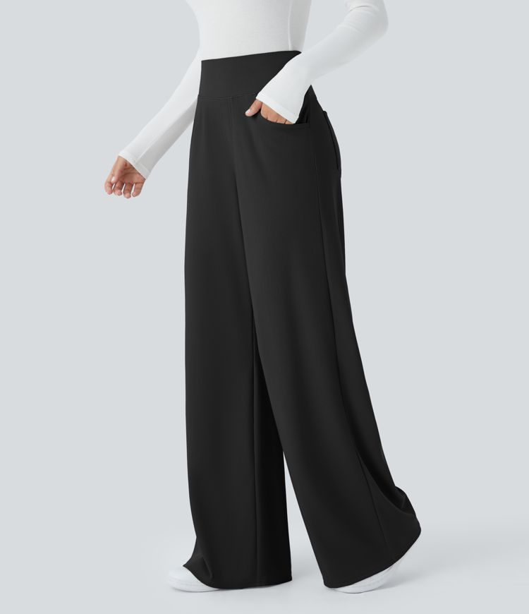 SoCinched High Waisted Tummy Control Multiple Pockets Wide Leg Micro Waffle Work Pants
