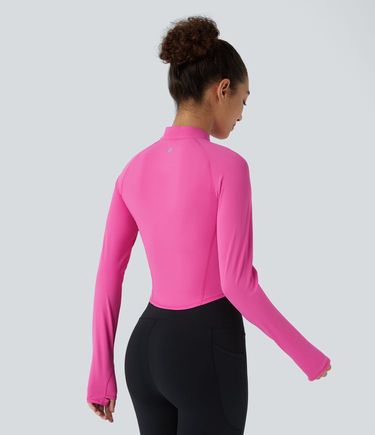 SoftlyZero™ QuickDry Half Zipper Stand Collar Long Sleeve Thumb Hole Curved Hem Top-stitching Slim Workout Sports Top