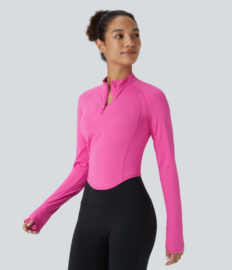 SoftlyZero™ QuickDry Half Zipper Stand Collar Long Sleeve Thumb Hole Curved Hem Top-stitching Slim Workout Sports Top