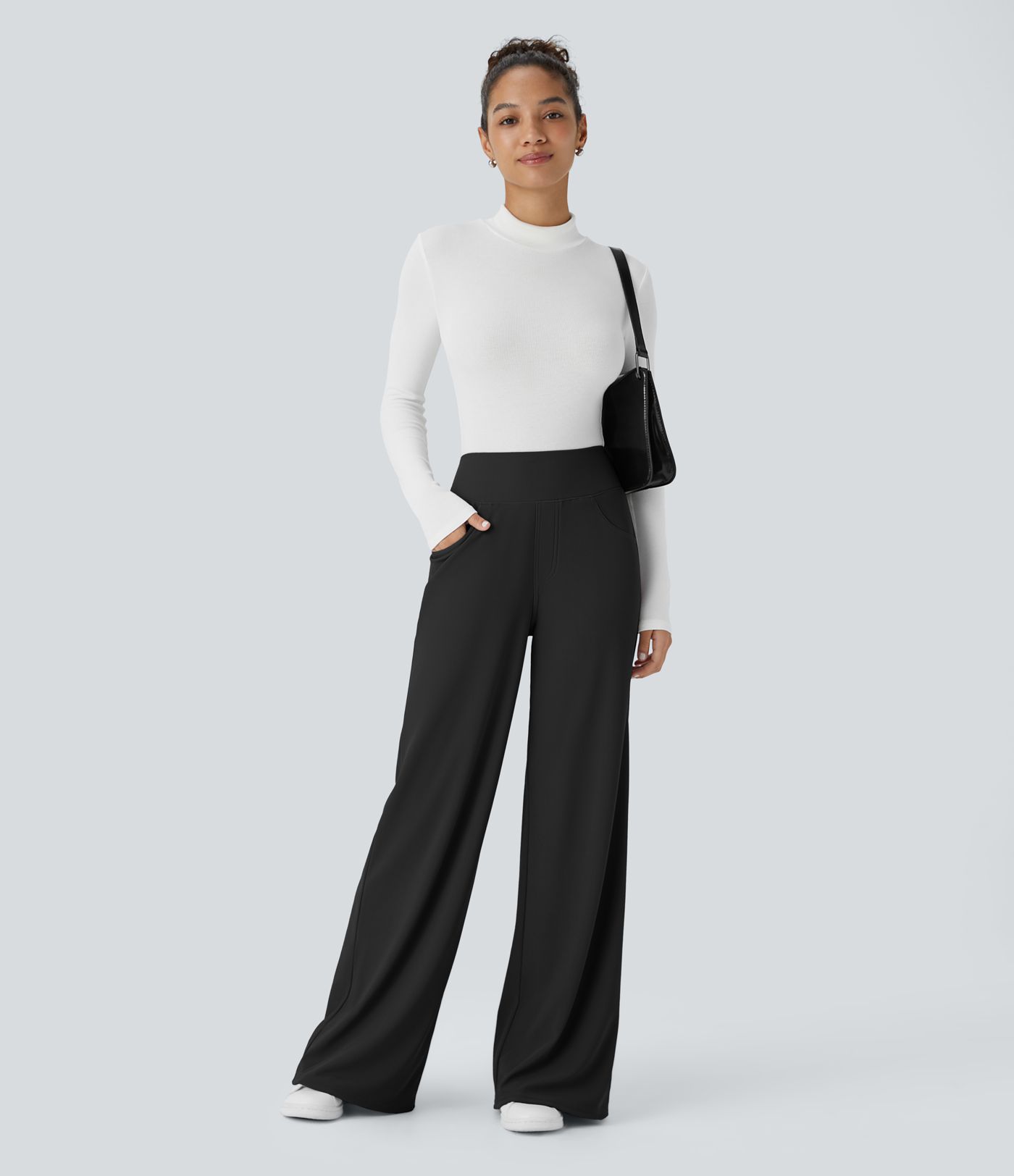 SoCinched Höga Midjebyxor med Magkontroll, Fickor och Vida Ben i Micro Waffle-material för Arbete