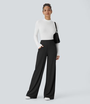 SoCinched Höga Midjebyxor med Magkontroll, Fickor och Vida Ben i Micro Waffle-material för Arbete