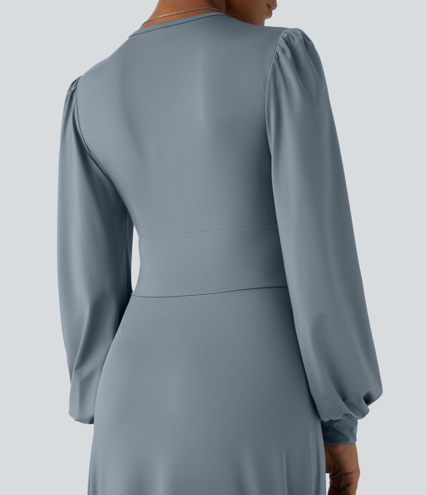 Robe mi-longue décontractée à col V, manches longues bouffantes et boutons décoratifs