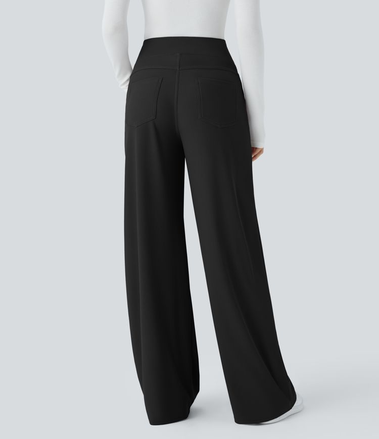 SoCinched High Waisted Tummy Control Multiple Pockets Wide Leg Micro Waffle Work Pants