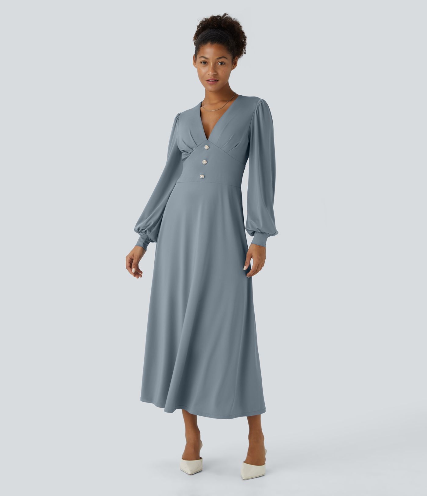 Robe mi-longue décontractée à col V, manches longues bouffantes et boutons décoratifs