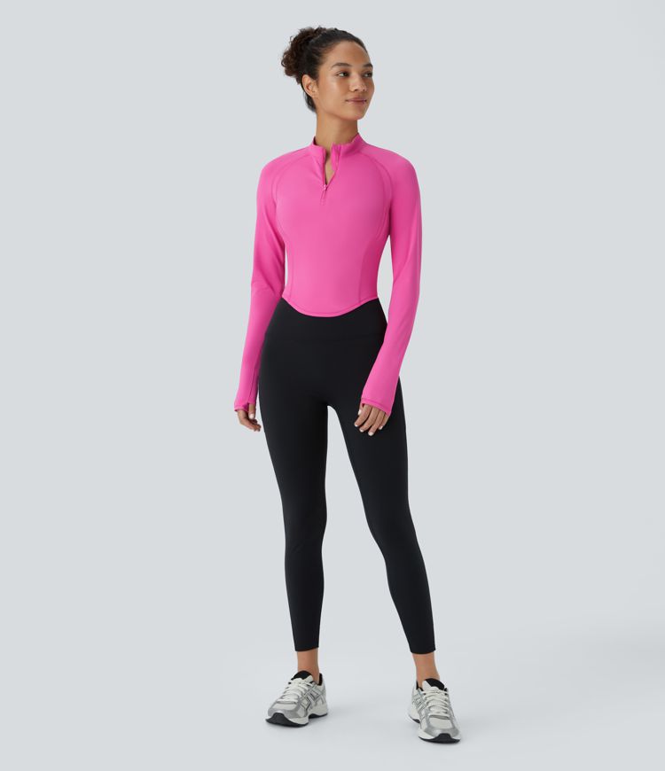 SoftlyZero™ QuickDry Half Zipper Stand Collar Long Sleeve Thumb Hole Curved Hem Top-stitching Slim Workout Sports Top