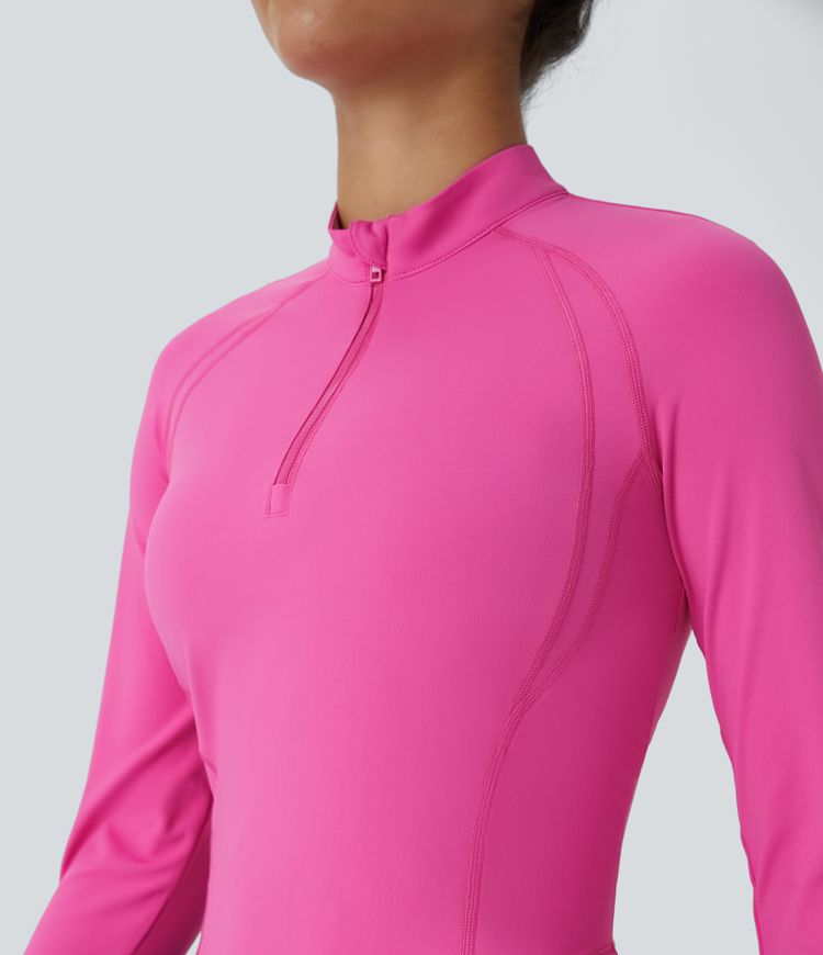 SoftlyZero™ QuickDry Half Zipper Stand Collar Long Sleeve Thumb Hole Curved Hem Top-stitching Slim Workout Sports Top