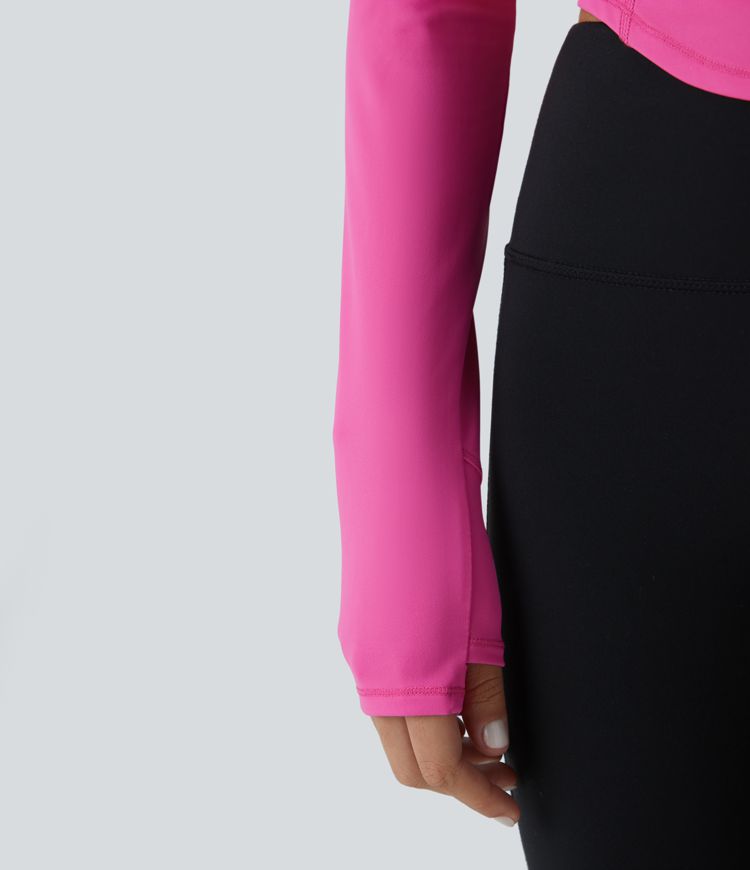 SoftlyZero™ QuickDry Half Zipper Stand Collar Long Sleeve Thumb Hole Curved Hem Top-stitching Slim Workout Sports Top