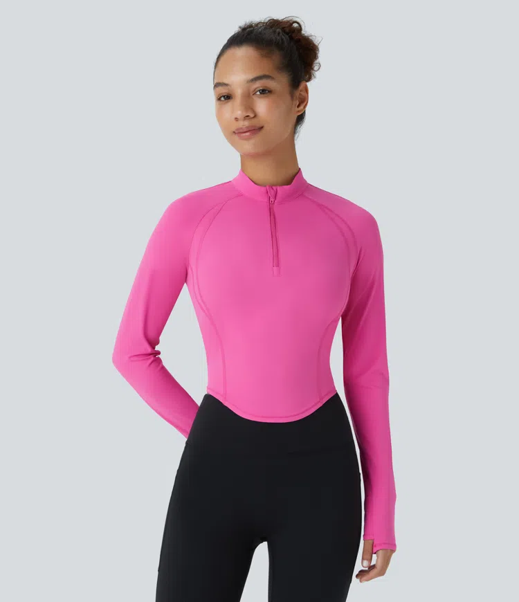 Top Softlyzero™ QuickDry deportivo ajustado costura superior abertura pulgar manga larga cuello alto media cremallera secado rápido