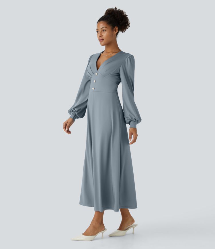 Robe mi-longue décontractée à col V, manches longues bouffantes et boutons décoratifs