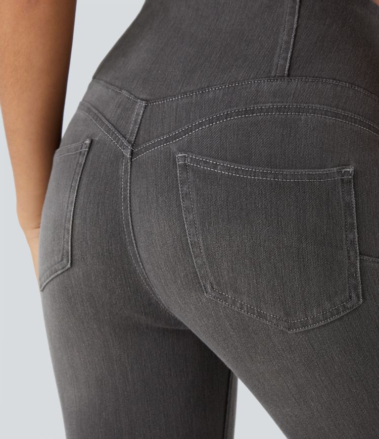 Leggings casuales de mezclilla elástica de tiro alto con varios bolsillos