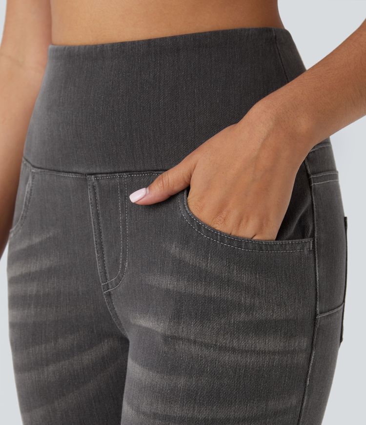 Leggings casuales de mezclilla elástica de tiro alto con varios bolsillos