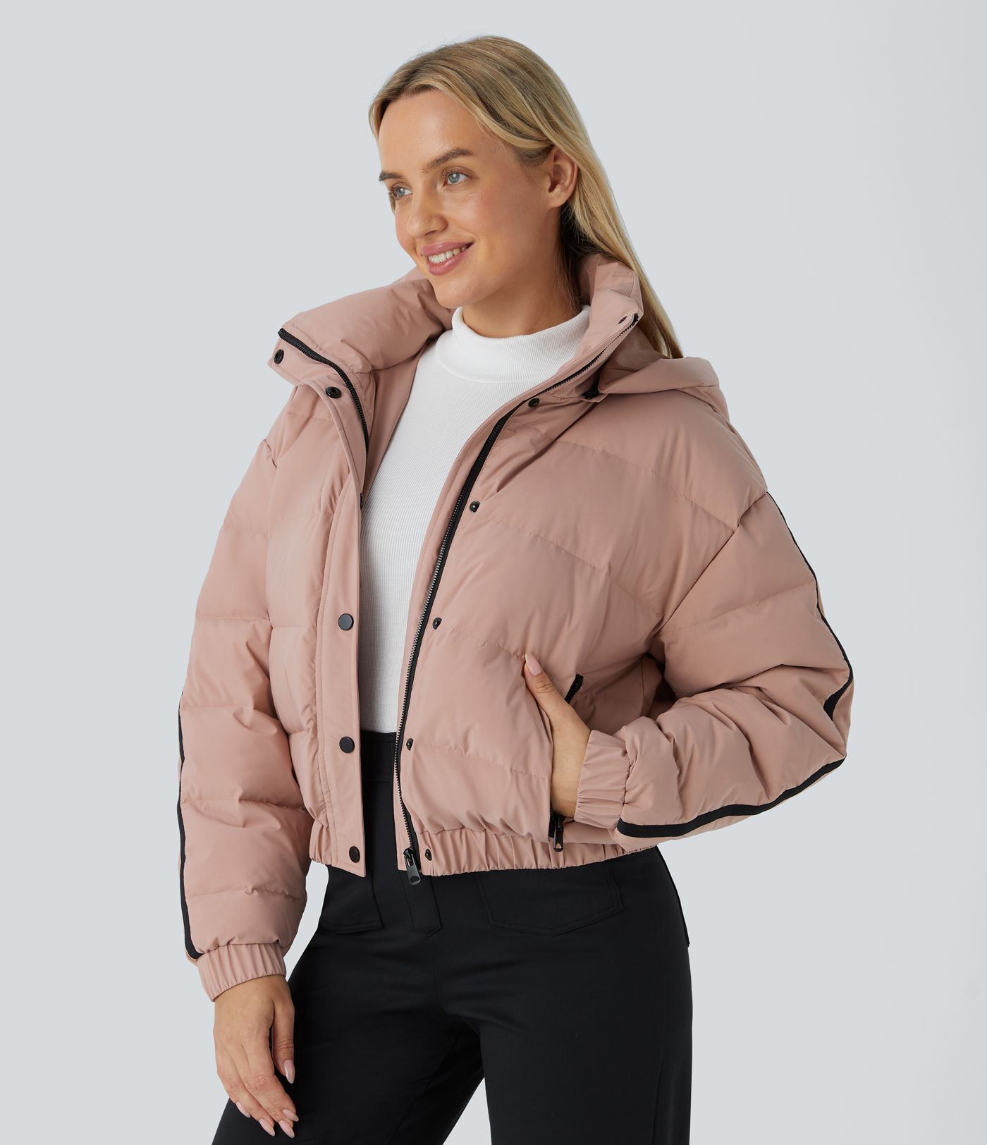 Water Repellent Removable Hood Side Zipper Pocket Contrast Tape Relaxed Casual Puffer Down Jacket