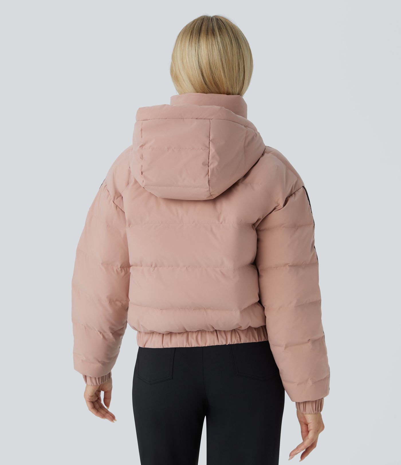 Water Repellent Removable Hood Side Zipper Pocket Contrast Tape Relaxed Casual Puffer Down Jacket