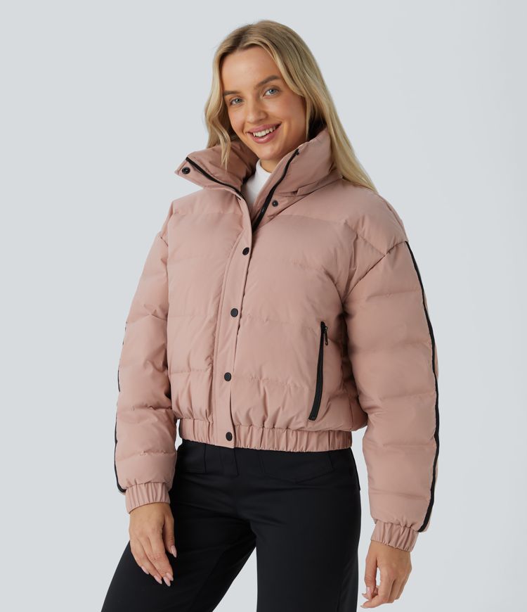 Water Repellent Removable Hood Side Zipper Pocket Contrast Tape Relaxed Casual Puffer Down Jacket