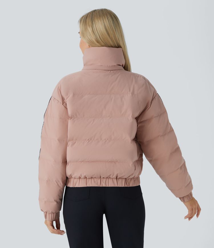 Water Repellent Removable Hood Side Zipper Pocket Contrast Tape Relaxed Casual Puffer Down Jacket